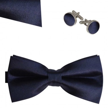  Set papion, butoni camasa, batista, bleumarin uni, clasic